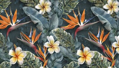 Papier peint  tropical seamless pattern with exotic leaves strelitzia flowers hibiscus and plumeria vintage texture floral background dark watercolor 3d illustration for luxury wallpapers tapestry mural