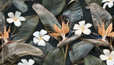 Papier peint  tropical seamless pattern with exotic leaves strelitzia flowers hibiscus and plumeria vintage texture floral background dark watercolor 3d illustration for luxury wallpapers tapestry mural
