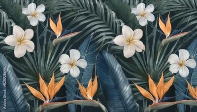 Papier peint  tropical seamless pattern with exotic leaves strelitzia flowers hibiscus and plumeria vintage texture floral background dark watercolor 3d illustration for luxury wallpapers tapestry mural