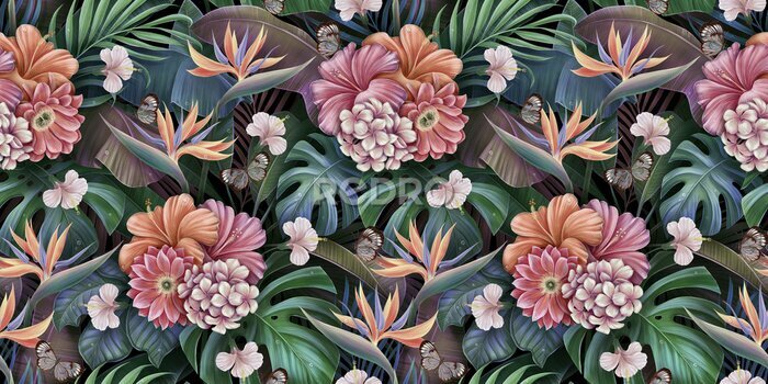 Papier peint  Tropical seamless pattern with exotic leaves, strelitzia flowers, hibiscus and plumeria. Vintage texture, floral background. Dark watercolor 3d illustration. For luxury wallpapers, tapestry, mural. 