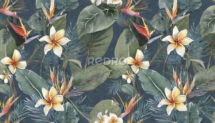 Papier peint  tropical seamless pattern with exotic leaves strelitzia flowers hibiscus and plumeria vintage texture floral background dark watercolor 3d illustration for luxury wallpapers tapestry mural