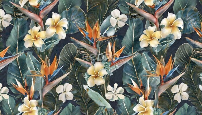 Papier peint  tropical seamless pattern with exotic leaves strelitzia flowers hibiscus and plumeria vintage texture floral background dark watercolor 3d illustration for luxury wallpapers tapestry mural