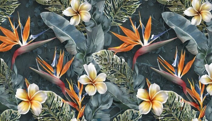 Papier peint  tropical seamless pattern with exotic leaves strelitzia flowers hibiscus and plumeria vintage texture floral background dark watercolor 3d illustration for luxury wallpapers tapestry mural