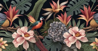 Papier peint  Tropical seamless pattern with exotic leaves, strelitzia flowers, hibiscus and plumeria. Vintage texture, floral background. Dark watercolor 3d illustration. Luxury wallpapers, tapestry, Generative AI