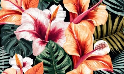 Papier peint  Tropical seamless pattern with exotic leaves, strelitzia flowers, hibiscus and plumeria. Vintage texture, floral background. Dark watercolor 3d illustration. luxury wallpapers, tapestry, Generative AI
