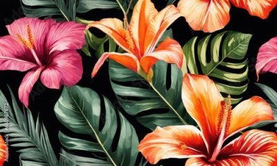Papier peint  Tropical seamless pattern with exotic leaves, strelitzia flowers, hibiscus and plumeria. Vintage texture, floral background. Dark watercolor 3d illustration. luxury wallpapers, tapestry, Generative AI