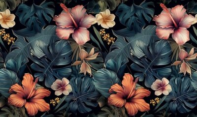 Papier peint  Tropical seamless pattern with exotic leaves, strelitzia flowers, hibiscus and plumeria. Vintage texture, floral background. Dark watercolor 3d illustration. Luxury wallpapers, tapestry, Generative AI