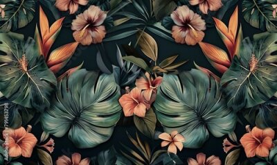 Papier peint  Tropical seamless pattern with exotic leaves, strelitzia flowers, hibiscus and plumeria. Vintage texture, floral background. Dark watercolor 3d illustration. Luxury wallpapers, tapestry, Generative AI