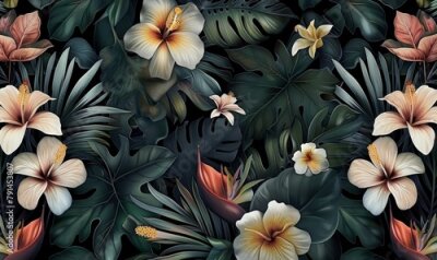 Papier peint  Tropical seamless pattern with exotic leaves, strelitzia flowers, hibiscus and plumeria. Vintage texture, floral background. Dark watercolor 3d illustration. Luxury wallpapers, tapestry, Generative AI