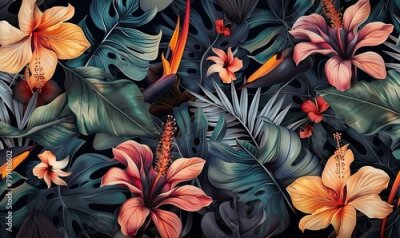 Papier peint  Tropical seamless pattern with exotic leaves, strelitzia flowers, hibiscus and plumeria. Vintage texture, floral background. Dark watercolor 3d illustration. Luxury wallpapers, tapestry, Generative AI
