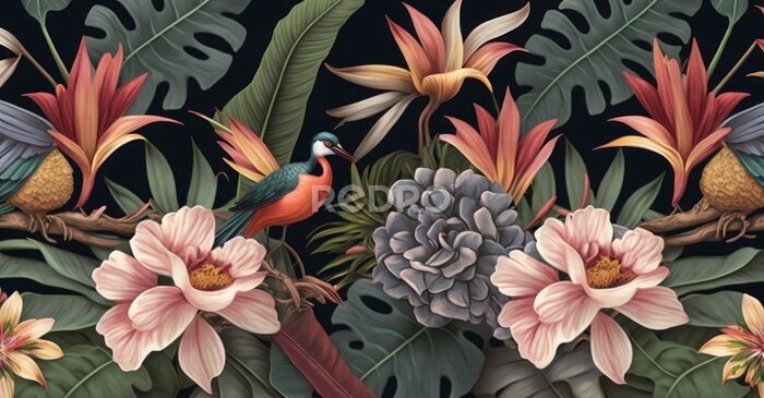 Papier peint  Tropical seamless pattern with exotic leaves, strelitzia flowers, hibiscus and plumeria. Vintage texture, floral background. Dark watercolor 3d illustration. Luxury wallpapers, tapestry, Generative AI