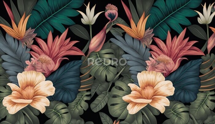 Papier peint  Tropical seamless pattern with exotic leaves, strelitzia flowers, hibiscus and plumeria. Vintage texture, floral background. Dark watercolor 3d illustration. Luxury wallpapers, tapestry, Generative AI