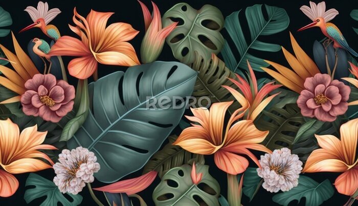 Papier peint  Tropical seamless pattern with exotic leaves, strelitzia flowers, hibiscus and plumeria. Vintage texture, floral background. Dark watercolor 3d illustration. Luxury wallpapers, tapestry, Generative AI