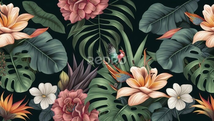 Papier peint  Tropical seamless pattern with exotic leaves, strelitzia flowers, hibiscus and plumeria. Vintage texture, floral background. Dark watercolor 3d illustration. Luxury wallpapers, tapestry, Generative AI