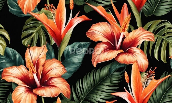 Papier peint  Tropical seamless pattern with exotic leaves, strelitzia flowers, hibiscus and plumeria. Vintage texture, floral background. Dark watercolor 3d illustration. luxury wallpapers, tapestry, Generative AI