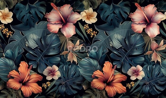 Papier peint  Tropical seamless pattern with exotic leaves, strelitzia flowers, hibiscus and plumeria. Vintage texture, floral background. Dark watercolor 3d illustration. Luxury wallpapers, tapestry, Generative AI