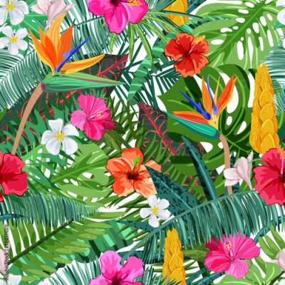 Papier peint  Tropical seamless pattern with flowers hibiscus, plumeria, strelitzia and palm, monstera leaves. Vector illustration. Summer or spring design elements for fashion textile prints and greeting cards.
