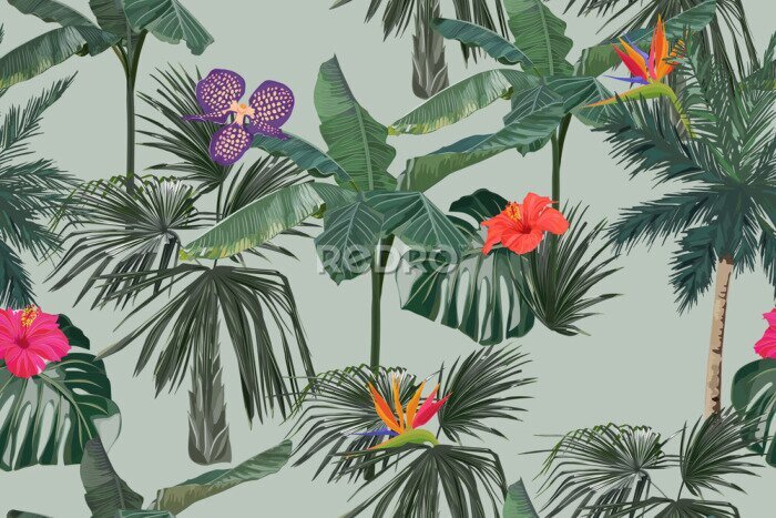 Papier peint  Tropical seamless pattern with palm trees, strelitzia, orchid and hibiscus. Summer jungle background. Vintage vector illustration. Rainforest  hawaiian landscape