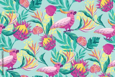Papier peint  Tropical seamless pattern with protea, strelitzia flowers, jungles leaves, parrot, pomegranate, leopard spots on blue background. Floral textile tropical ornament. Exotic wrapping paper
