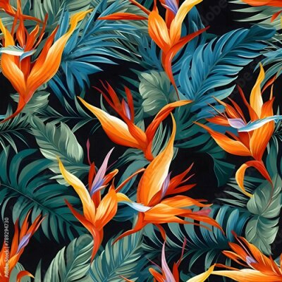 Papier peint  Tropical seamless pattern with strelitzia flowers. Vector illustration.