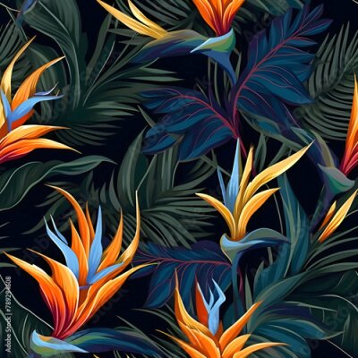 Papier peint  Tropical seamless pattern with strelitzia flowers. Vector illustration.