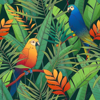 Papier peint  Tropical seamless pattern with strelitzia leaves, areca palm. Vector illustration of parrot. For fabric, textile, wrapping paper, cover, package. Tropical leaves.