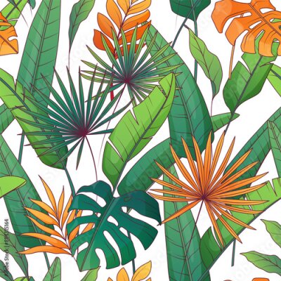 Papier peint  Tropical seamless pattern with tropical leaves. Vector illustration of monstera, fan palm, banana palm, strelitzia. For fabric, textile, wrapping paper, cover, package.