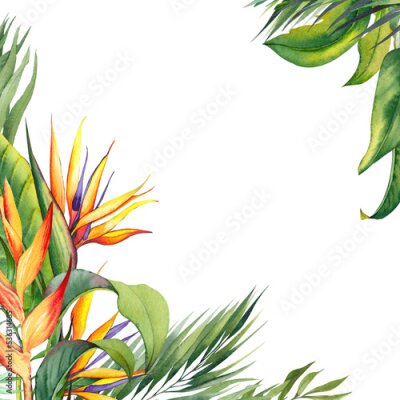 Papier peint  Tropical square border with strelitzia flowers and palm leaves. Watercolor illustration on white background.