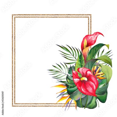 Papier peint  Tropical square frame with red lily, strelitzia flowers and palm leaves. Watercolor illustration on white background.