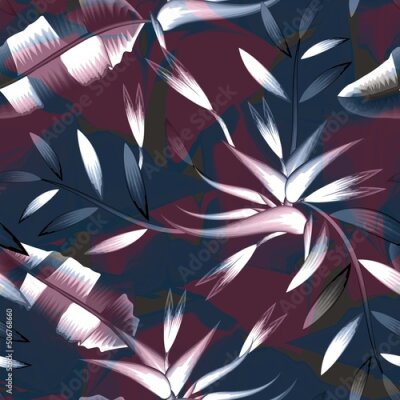 Papier peint  tropical strelitzia flower with banana leaves seamless pattern on dark abstract background. Nature ornament for textile, bedding, fabric, wallpaper, surface design. nature wallpaper. Exotic tropics
