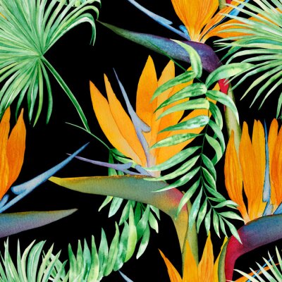 Papier peint  Tropical strelitzia flowers and palm leaves seamless watercolor pattern. Exotic foliage hand drawn background. Jungle vegetation endless backdrop. For fabric and wallpaper. Wrapping paper.