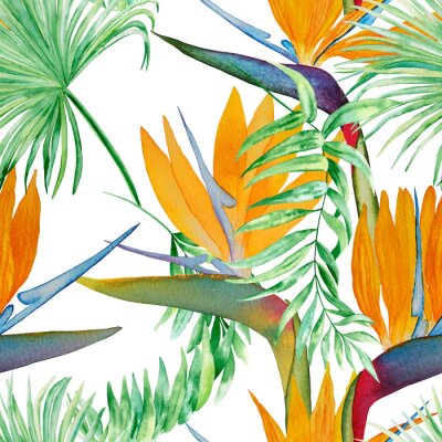Papier peint  Tropical strelitzia flowers and palm leaves seamless watercolor pattern. Exotic foliage hand drawn background. Jungle vegetation endless backdrop. For fabric and wallpaper. Wrapping paper.	