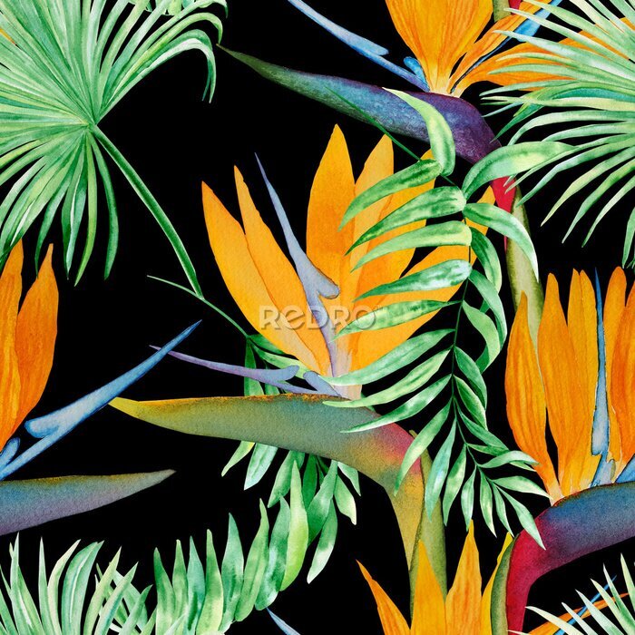 Papier peint  Tropical strelitzia flowers and palm leaves seamless watercolor pattern. Exotic foliage hand drawn background. Jungle vegetation endless backdrop. For fabric and wallpaper. Wrapping paper.
