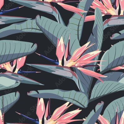 Papier peint  Tropical strelitzia flowers, blue banana palm leaves, dark background. Seamless pattern. Jungle foliage illustration. Exotic plants. Summer beach floral design. Paradise nature.