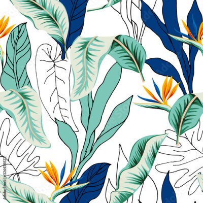 Papier peint  Tropical strelitzia flowers, green, blue, outline palm leaves, white background. Vector seamless pattern. Jungle foliage illustration. Exotic plants. Summer beach floral design. Paradise nature