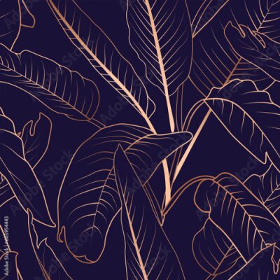 Papier peint  Tropical strelitzia gold copper leaves, banana palm leaves, dark blue background. Vector  seamless pattern. Jungle foliage illustration. Exotic plants. Summer beach floral design. Paradise nature