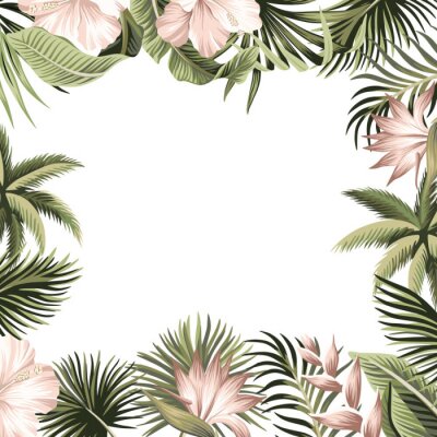 Papier peint  Tropical summer hibiscus, strelitzia flower, palm leaves, banana leaves vintage floral frame. Exotic illustration .