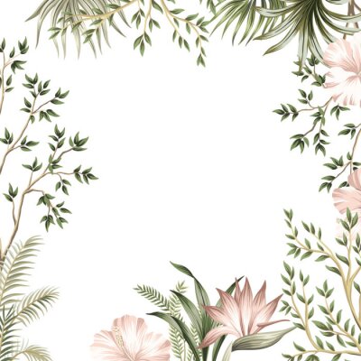 Papier peint  Tropical summer hibiscus, strelitzia flower, palm leaves, tree vintage floral frame. Exotic illustration .