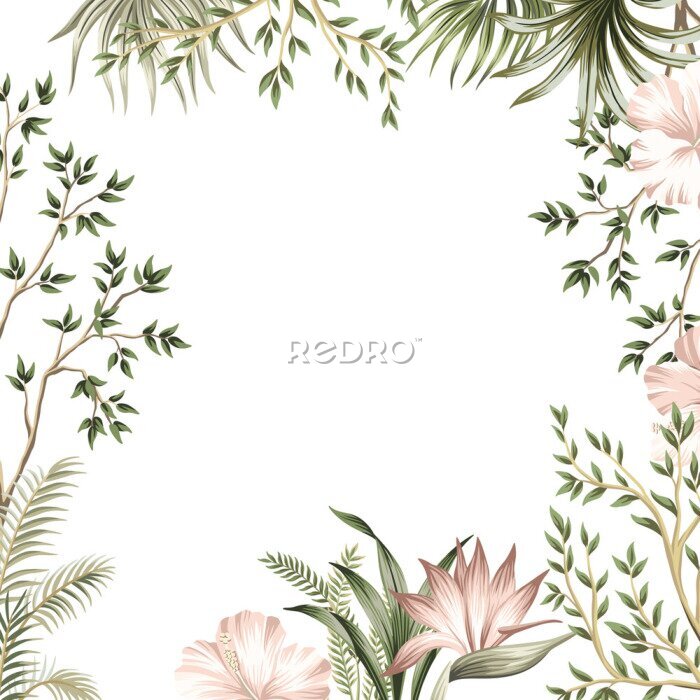 Papier peint  Tropical summer hibiscus, strelitzia flower, palm leaves, tree vintage floral frame. Exotic illustration .