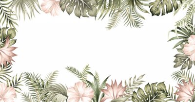 Papier peint  Tropical summer hibiscus, strelitzia flower, palm leaves, vintage floral frame. Exotic illustration.