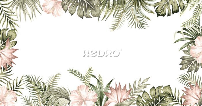 Papier peint  Tropical summer hibiscus, strelitzia flower, palm leaves, vintage floral frame. Exotic illustration.