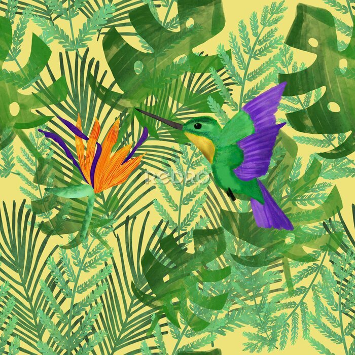 Papier peint  Tropical summer pattern with watercolor colibri and orange strelitzia on green exotic plants. Seamless pattern. Stationery, beach, packaging, wallpaper, textile design