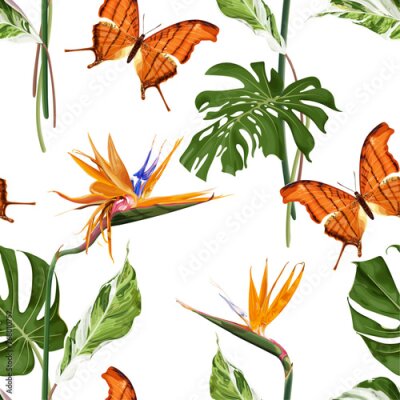 Papier peint  Tropical summer seamless pattern with strelitzia flowers, exotic monstera leaves and orange butterfly. Stock vector illustration on a white background.