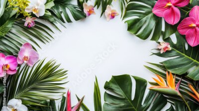 Papier peint  Tropical summer vacation and exotic travel poster with palm leaf and flower. Exotic jungle floral frame border with green monstera and palm tree leaves, orchid and strelitzia flower invitation design