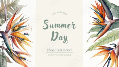 Papier peint  Tropical summer watercolor banner with strelitzia and plants