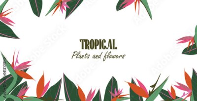 Papier peint  Tropical template with Strelitzia and jungle leaves composition around the perimeter. Botanical frame concept for web banners, event invites, seasonal campaigns. Modern vector illustration