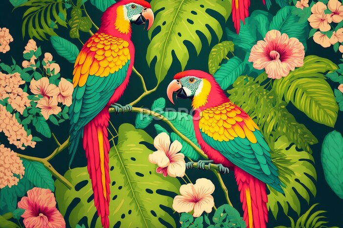 Papier peint  tropical tree pattern with tropical plants and parrots. Flowers of hibiscus, blooming ginger, strelitzia and Orchid, protea, palm leaves. Created with Generative AI technology.