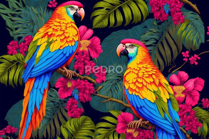 Papier peint  tropical tree pattern with tropical plants and parrots. Flowers of hibiscus, blooming ginger, strelitzia and Orchid, protea, palm leaves. Created with Generative AI technology.