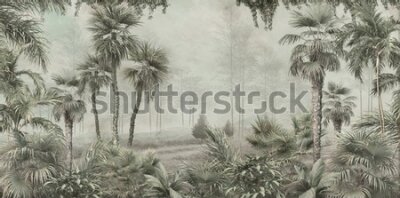 Papier peint  tropical trees and leaves for digital printing wallpaper, custom design wallpaper - 3D illustration