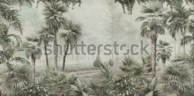 Papier peint  Tropical trees and leaves for digital printing wallpaper, custom design wallpaper - 3D illustration